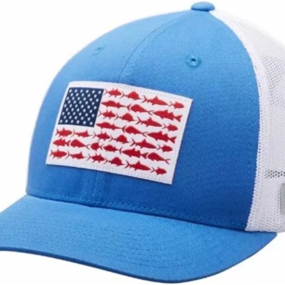 Ships Today! Columbia Men's PFG Fish Flag Snapback Hat - Gray/White/Blue Cap